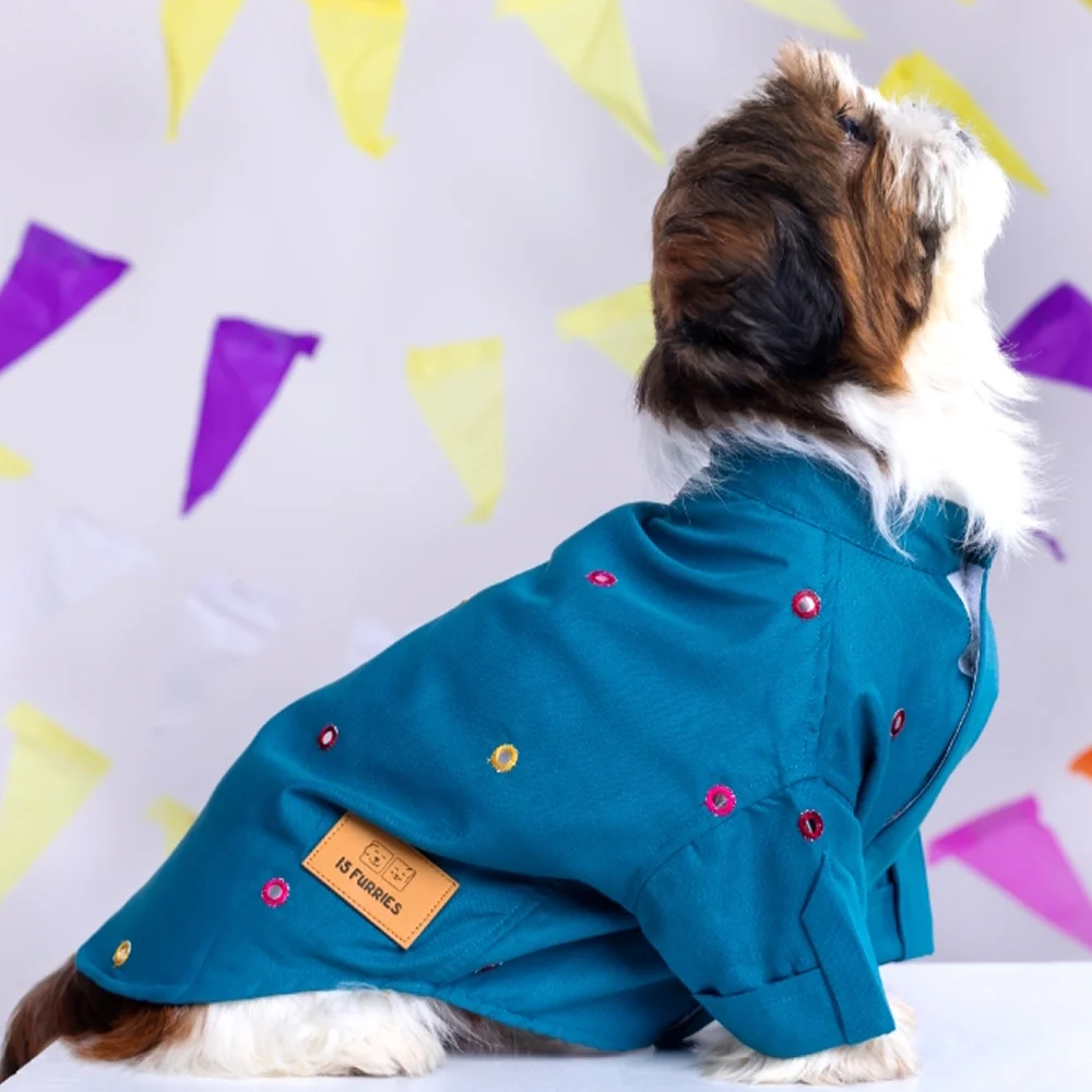 15 Furries Mirrorwork Kurta for Dogs (Teal Blue) - Image 3