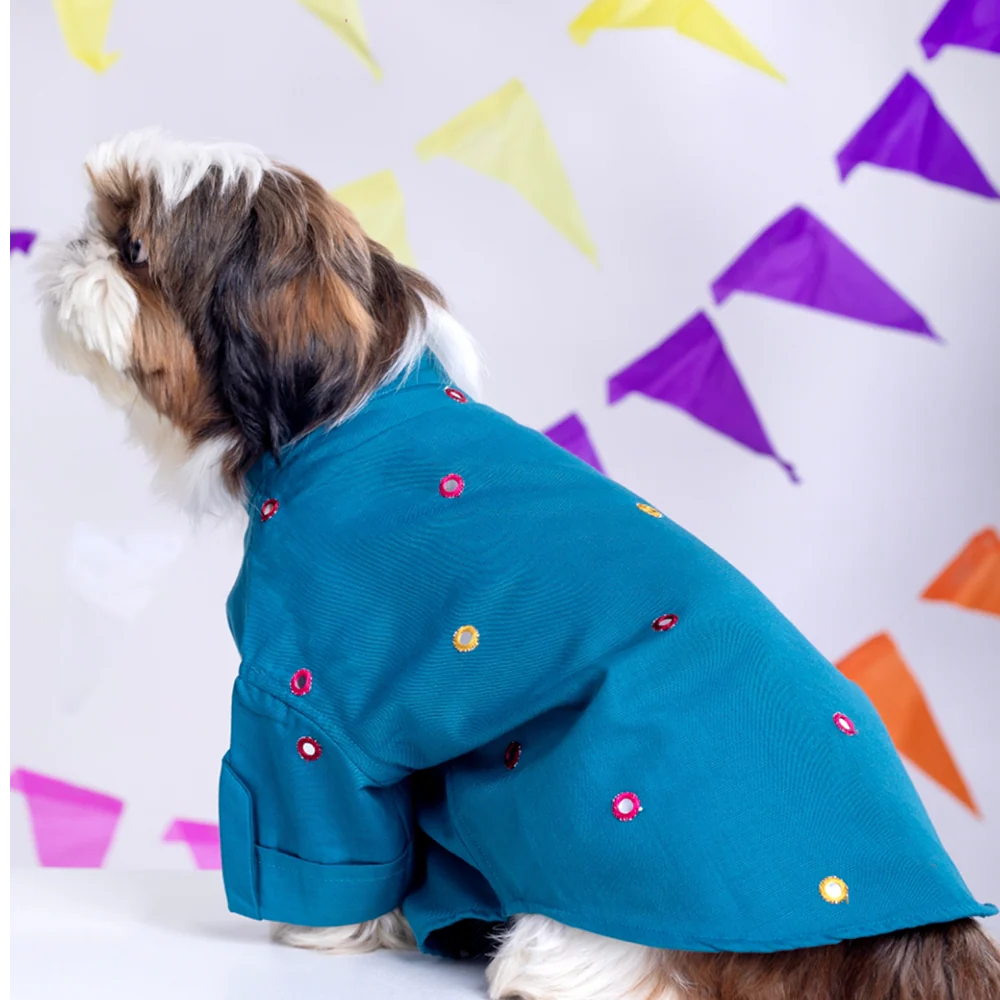 15 Furries Mirrorwork Kurta for Dogs (Teal Blue) - Image 4