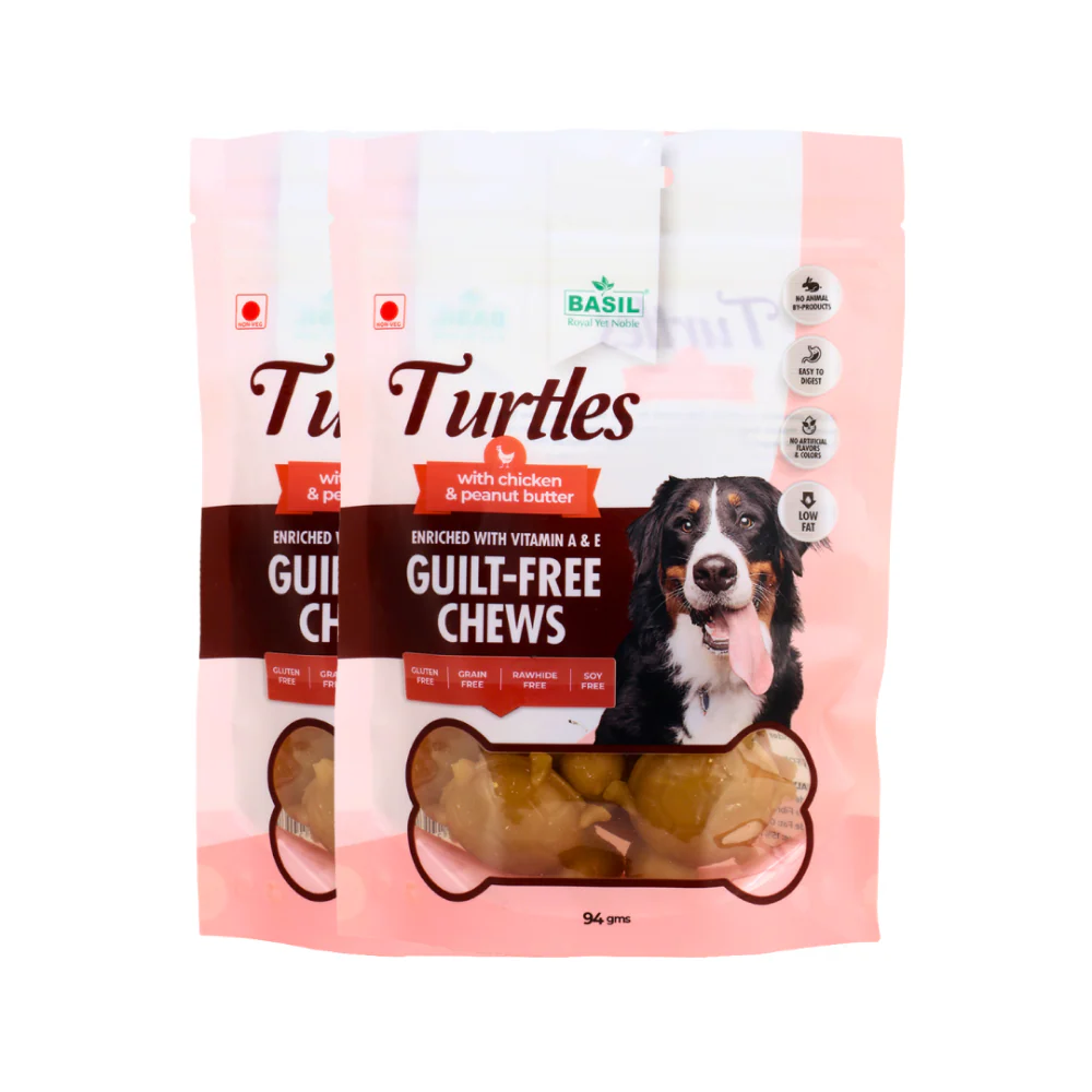 Basil Chicken & Peanut Butter Turtle Shaped Dog Chew Treats - Image 2