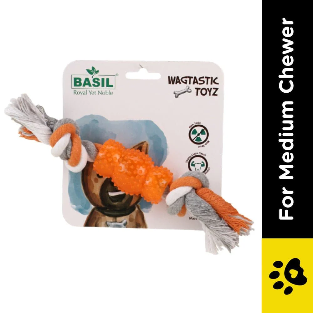 Basil Cotton Rope Rubber Chew Toy with Hard TPR Centre for Dogs (Orange) - Image 2
