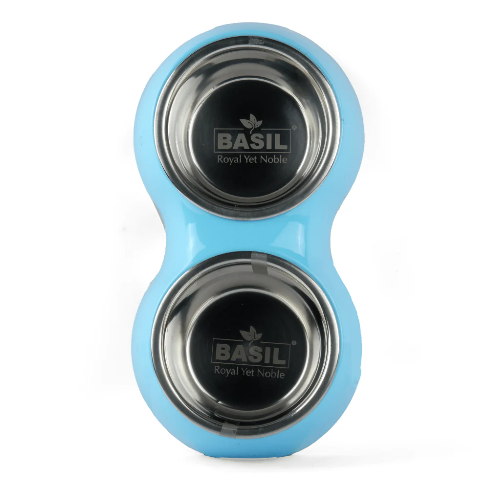 Basil Double Melamine Bowl Dinner Set for Dogs and Cats (Blue) - Image 4