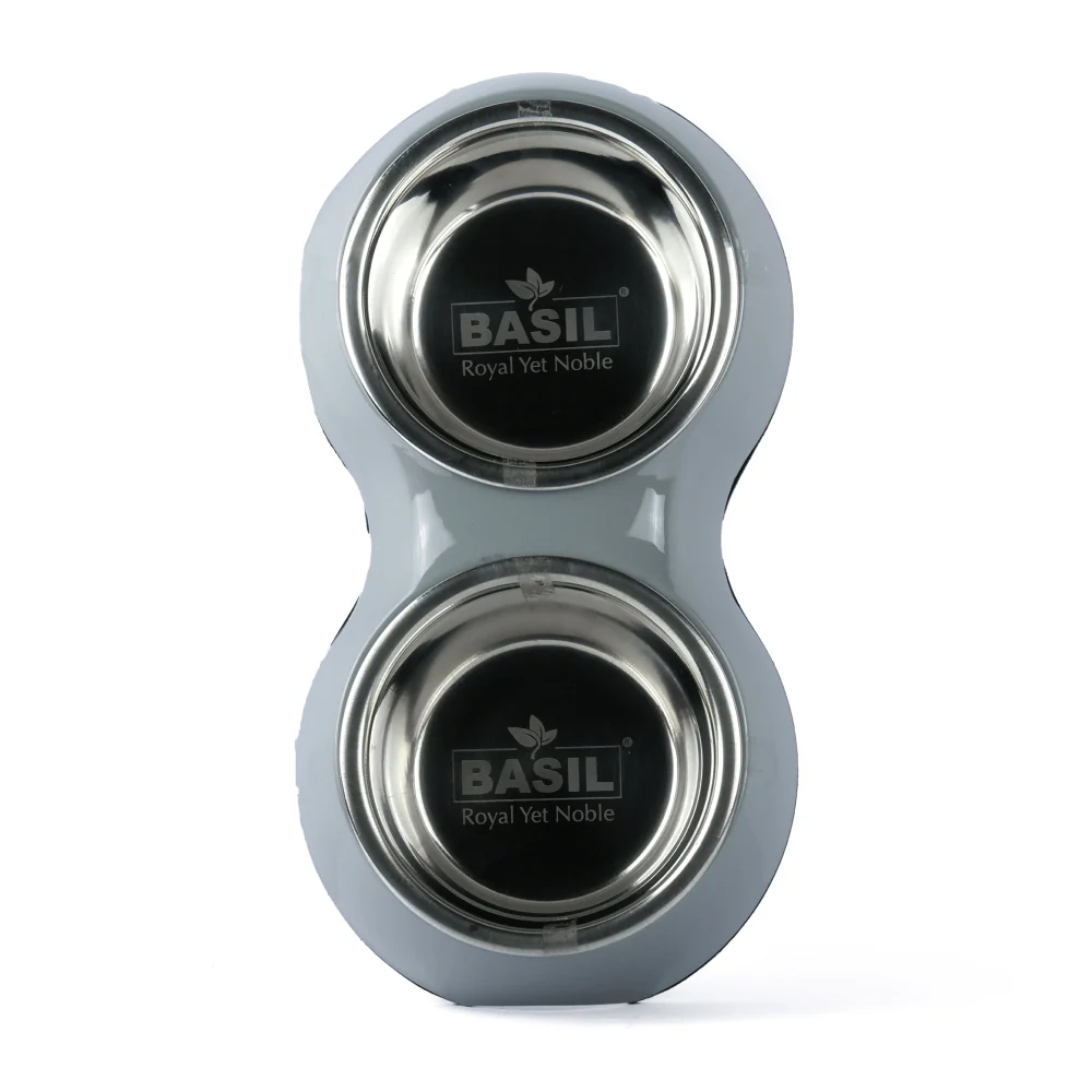 Basil Double Melamine Bowl Dinner Set for Dogs and Cats (Grey) - Image 2