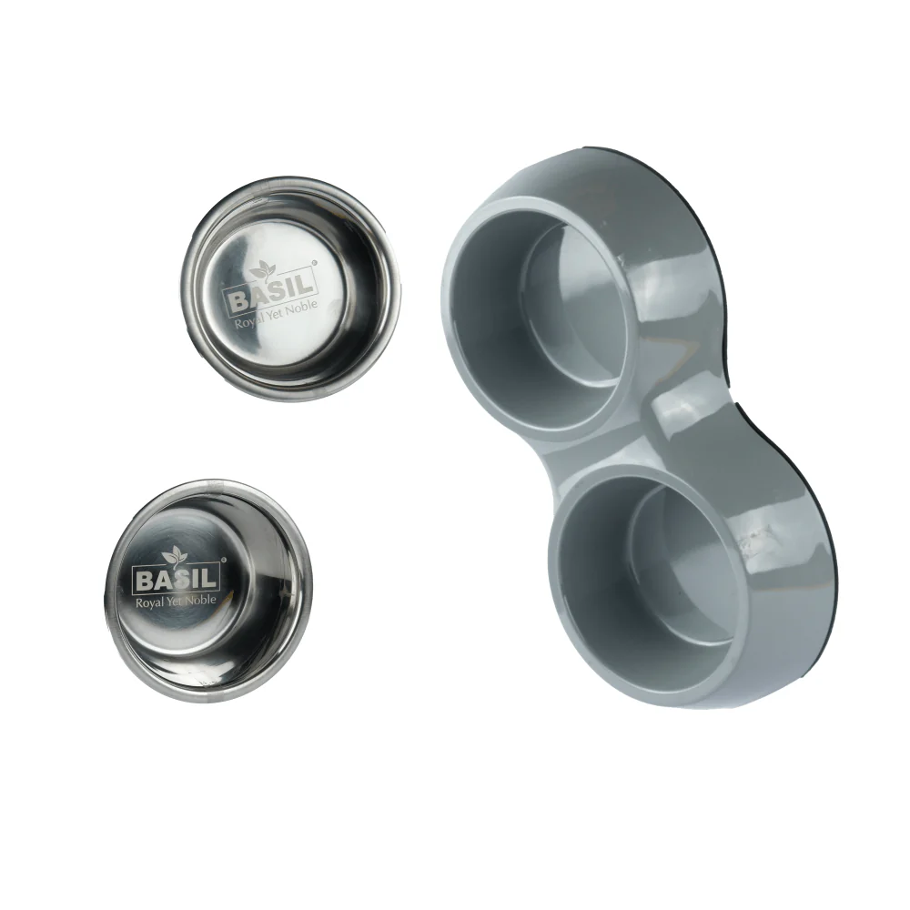 Basil Double Melamine Bowl Dinner Set for Dogs and Cats (Grey) - Image 4