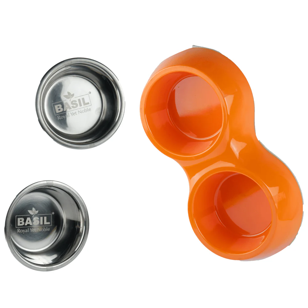 Basil Double Melamine Bowl Dinner Set for Dogs and Cats (Orange) - Image 4