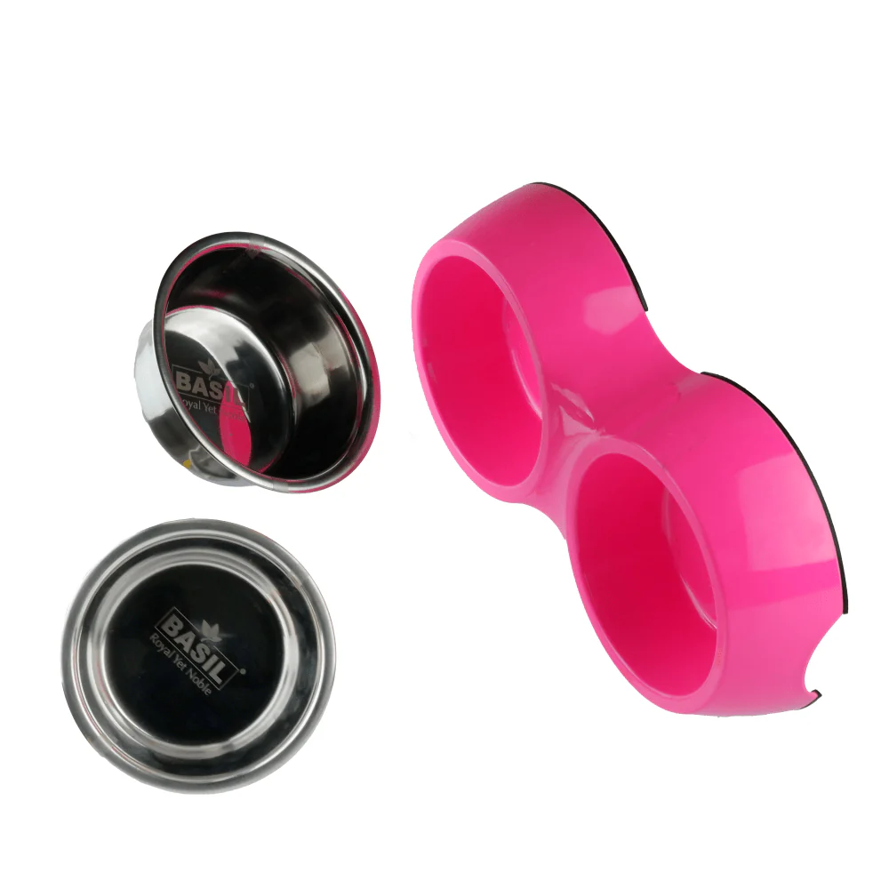 Basil Double Melamine Bowl Dinner Set for Dogs and Cats (Pink) - Image 4