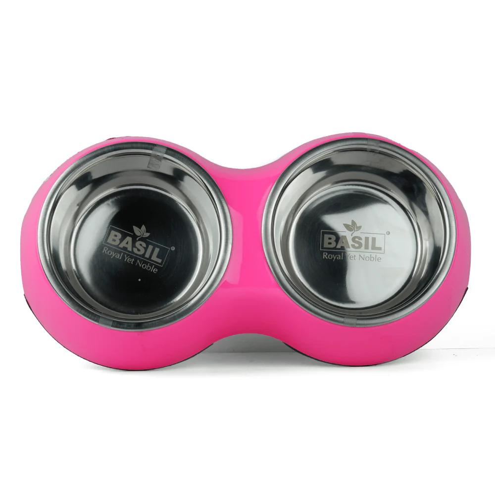 Basil Double Melamine Bowl Dinner Set for Dogs and Cats (Pink) - Image 5