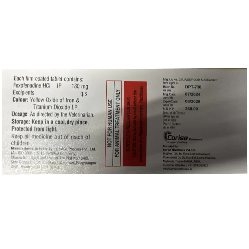 Corise Fexorise 180mg Tablet (Fexofenadine) for Dogs - Image 2