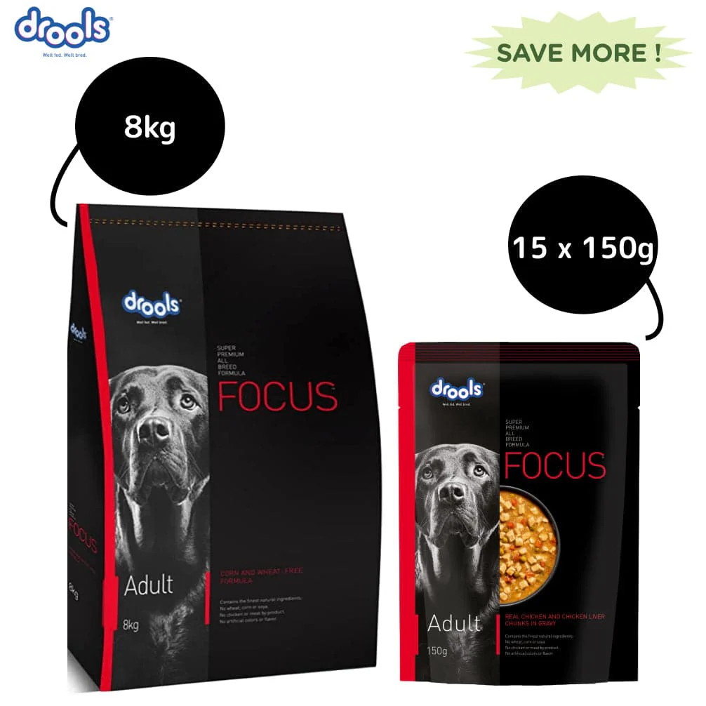 Drools Focus Super Premium Adult Dry Dog Food and Real Chicken & Chicken Liver Chunks in Gravy Adult Dog Wet Food Combo - Image 2