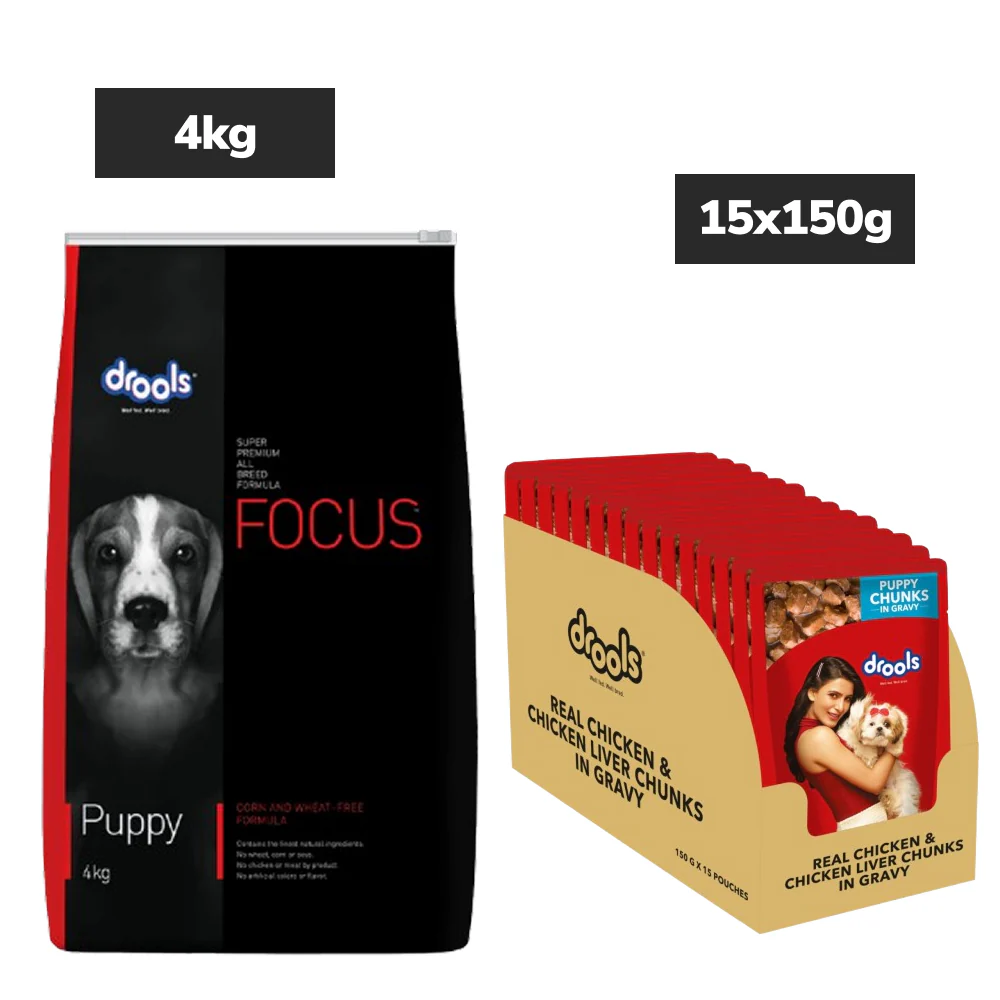 Drools Focus Super Premium Dry Food and Chicken & Chicken Liver Chunks in Gravy Puppy Dog Wet Food Combo - Image 15