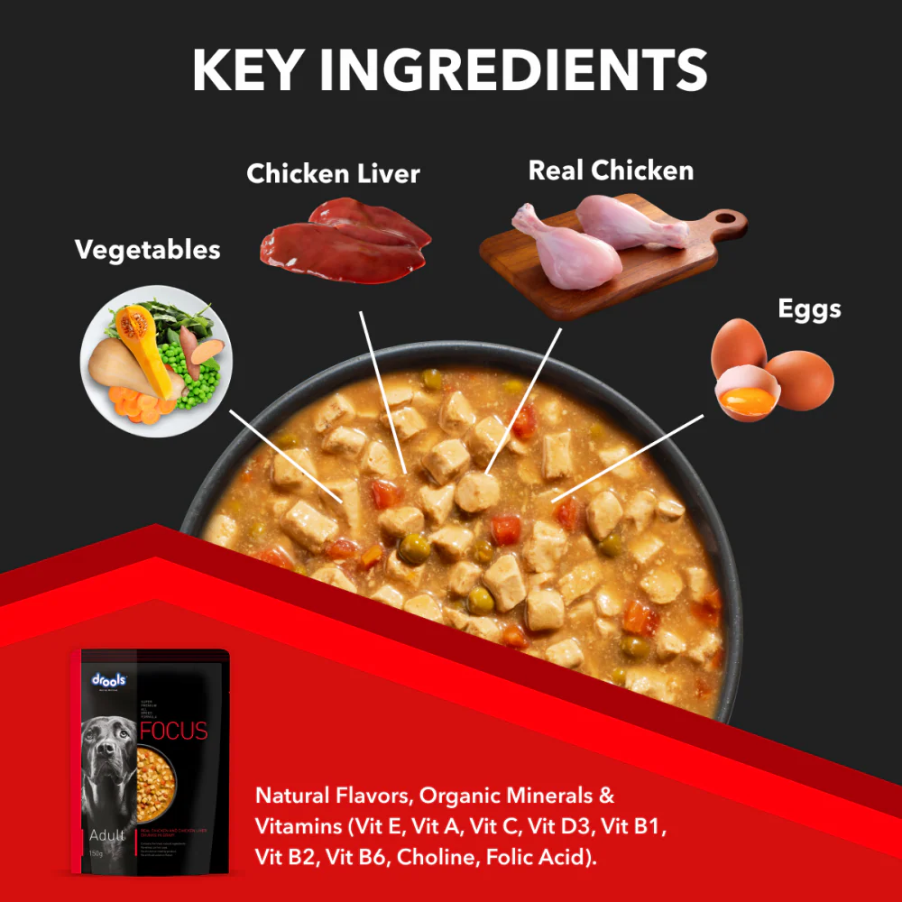 Drools Focus Real Chicken & Chicken Liver Chunks in Gravy Adult Dog Wet Food - Image 5