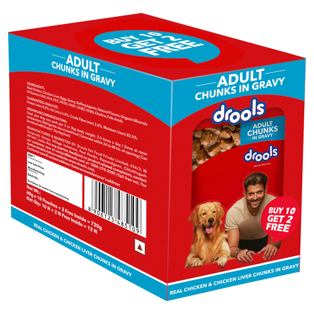 Drools Real Chicken & Chicken Liver Chunks in Gravy Adult Dog Wet Food (60g) - Image 9