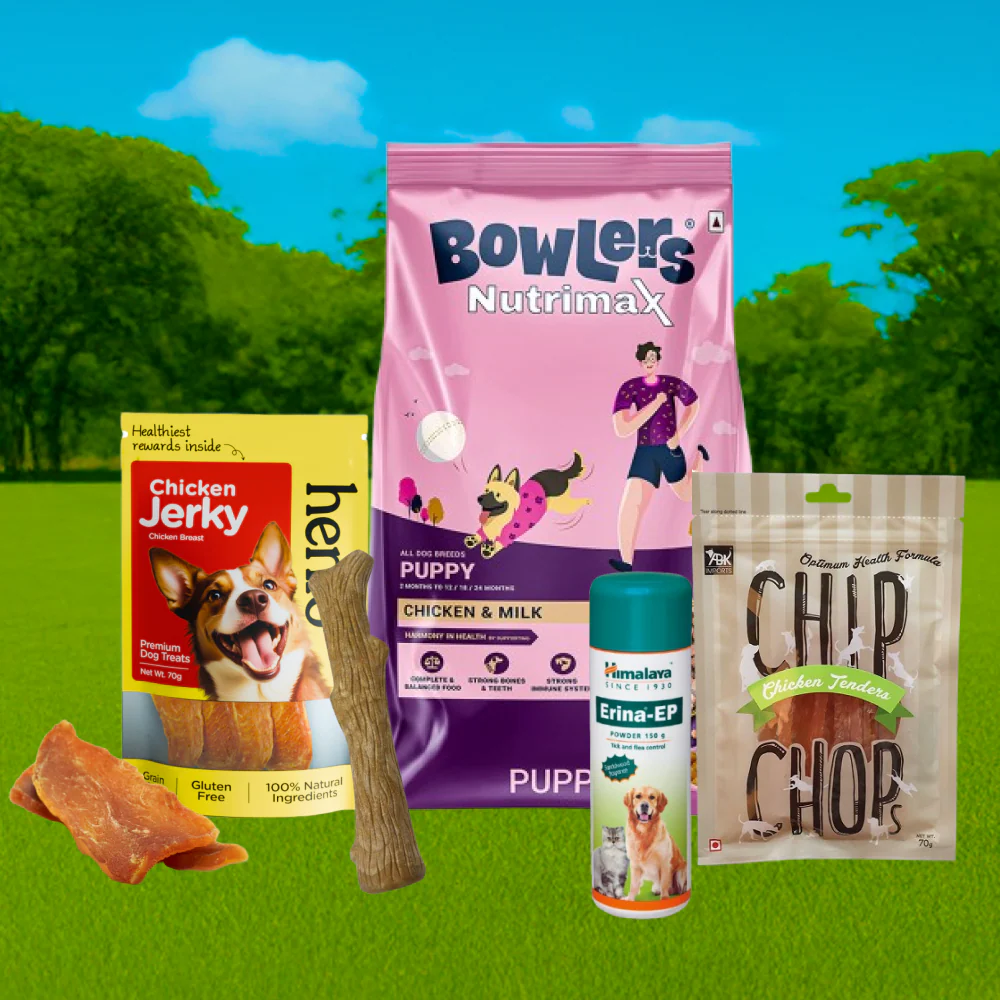 Bowlers Food, Henlo & Chip Chops Treats, Himalaya Tick Powder, Petstages Chew Stick Limited Puppy Hamper - Image 2