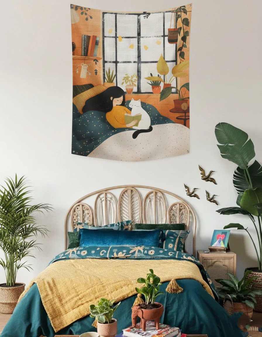 EverythingBoho Dreamy Reader & Cat Tapestry Wall Art - Image 4