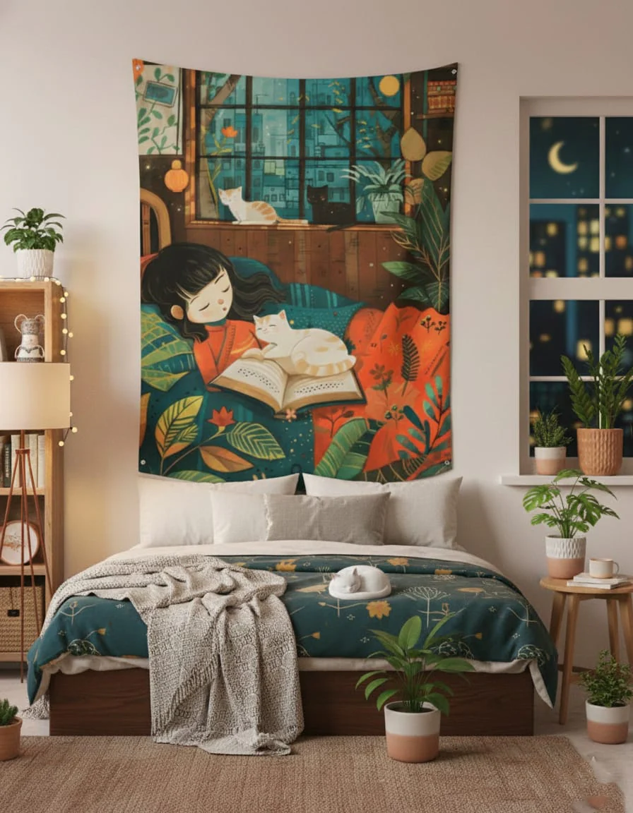EverythingBoho Girl & Cat Reading Corner Tapestry Wall Art