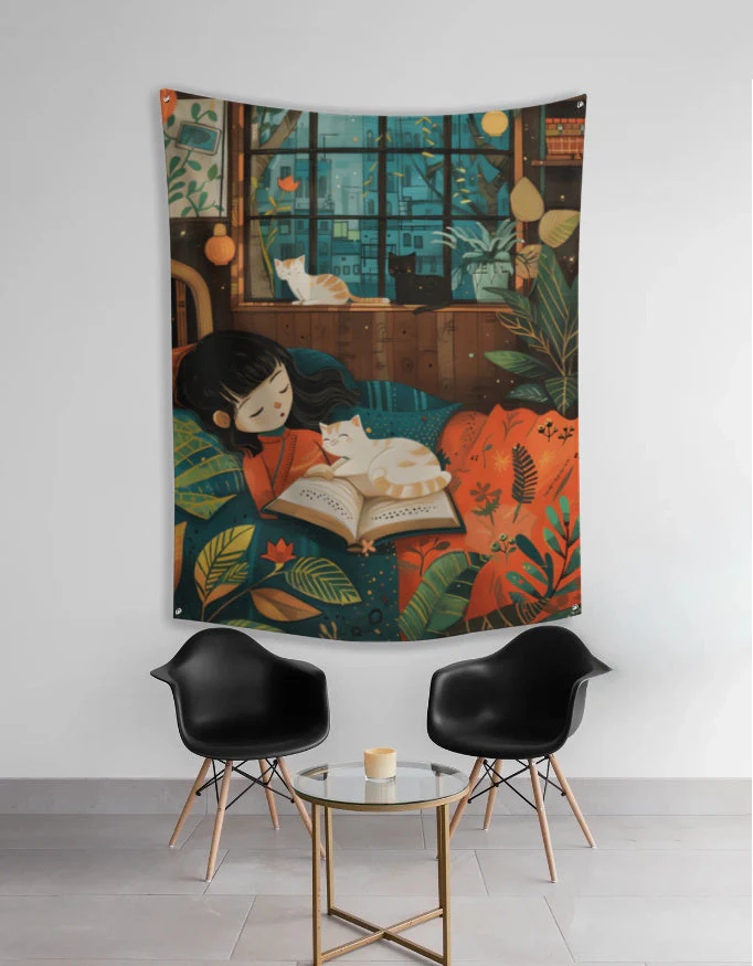 EverythingBoho Girl & Cat Reading Corner Tapestry Wall Art - Image 2