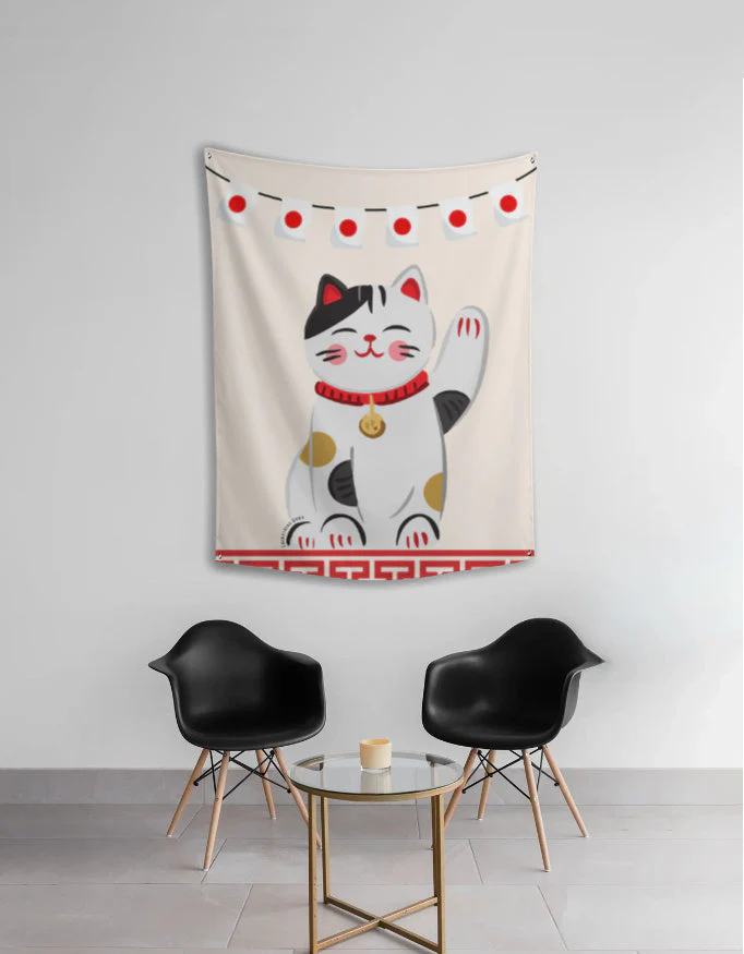 EverythingBoho Maneki Neko Good Luck Cat Japanese Tapestry Wall Art - Image 3