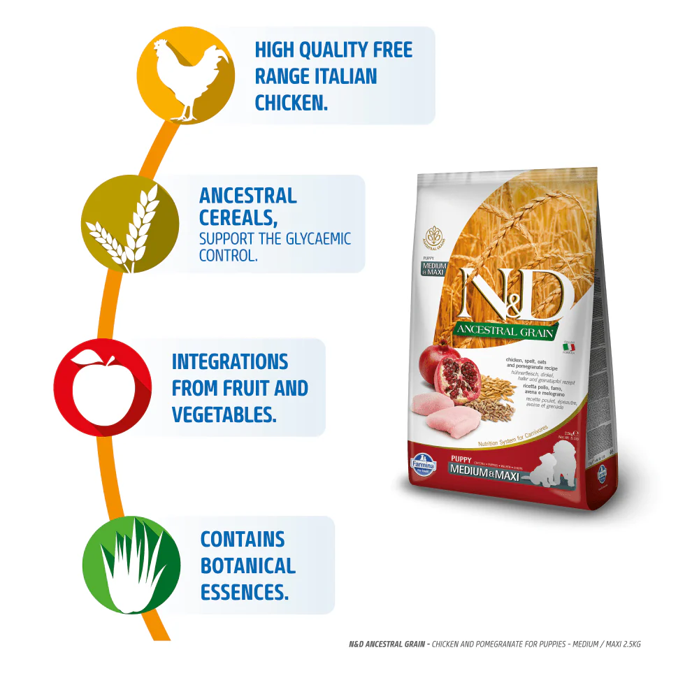 Farmina N&D Chicken & Pomegranate Ancestral Grain Puppy Medium Maxi Dog Dry Food - Image 2
