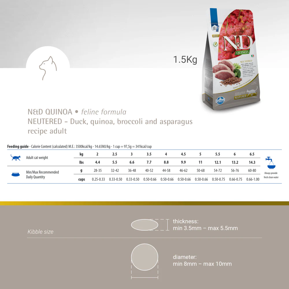 Farmina N&D Neutered Quinoa Duck, Broccoli & Asparagus Adult Cat Dry Food - Image 3