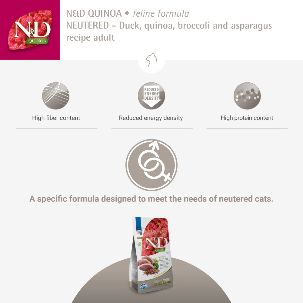 Farmina N&D Neutered Quinoa Duck, Broccoli & Asparagus Adult Cat Dry Food - Image 5