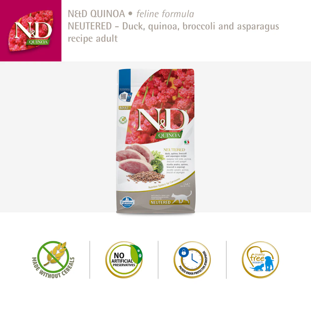 Farmina N&D Neutered Quinoa Duck, Broccoli & Asparagus Adult Cat Dry Food - Image 6