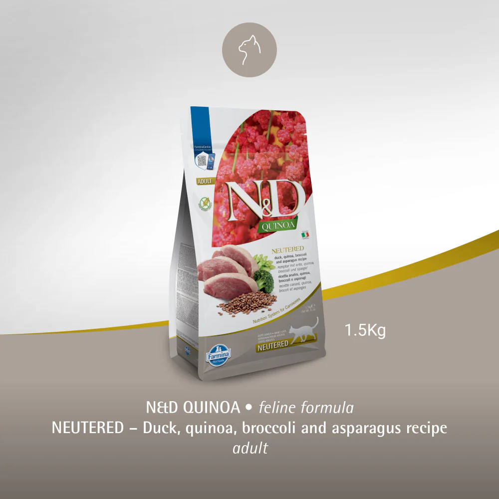 Farmina N&D Neutered Quinoa Duck, Broccoli & Asparagus Adult Cat Dry Food - Image 8