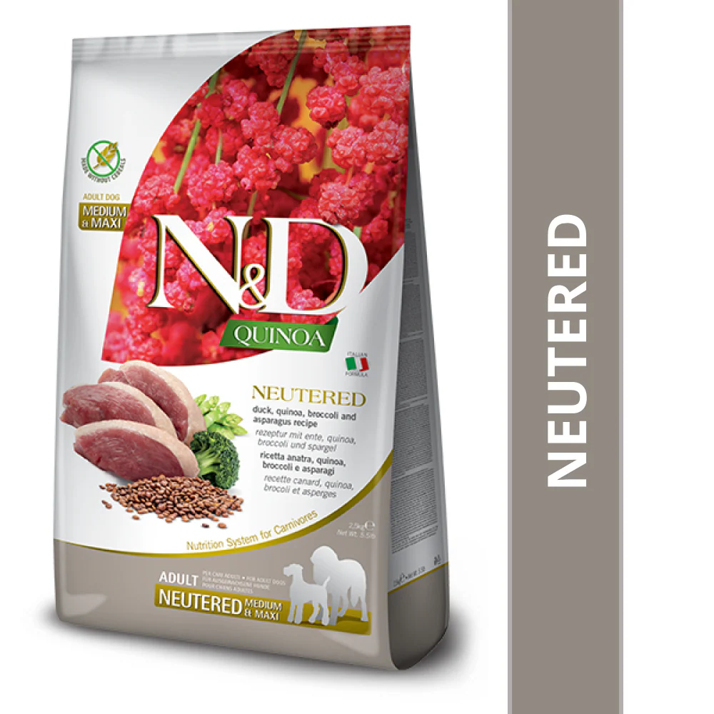 Farmina N&D Neutered Quinoa Duck, Broccoli & Asparagus Adult Medium Maxi Dog Dry Food - Image 2