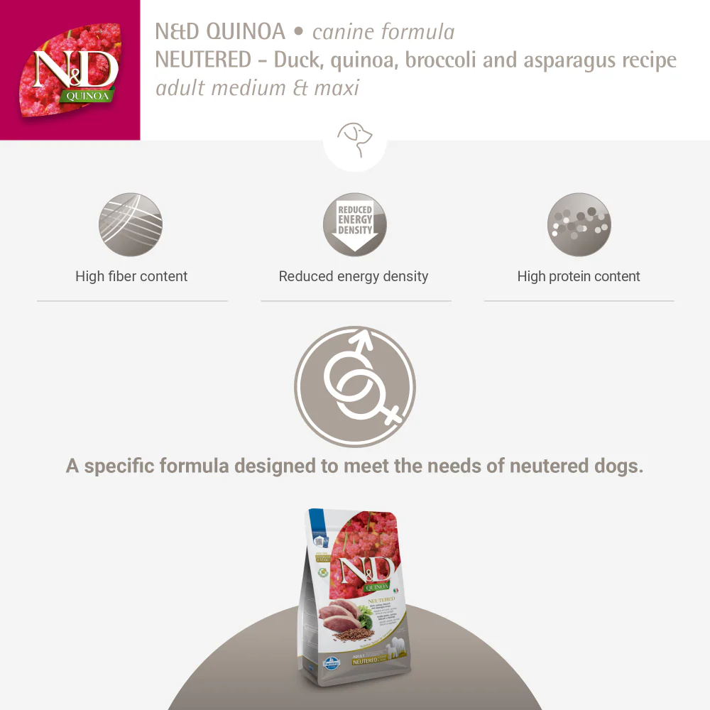 Farmina N&D Neutered Quinoa Duck, Broccoli & Asparagus Adult Medium Maxi Dog Dry Food - Image 4