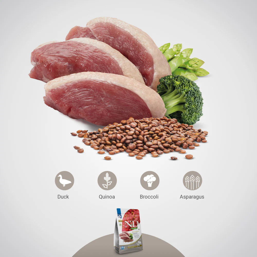 Farmina N&D Neutered Quinoa Duck, Broccoli & Asparagus Adult Medium Maxi Dog Dry Food - Image 5