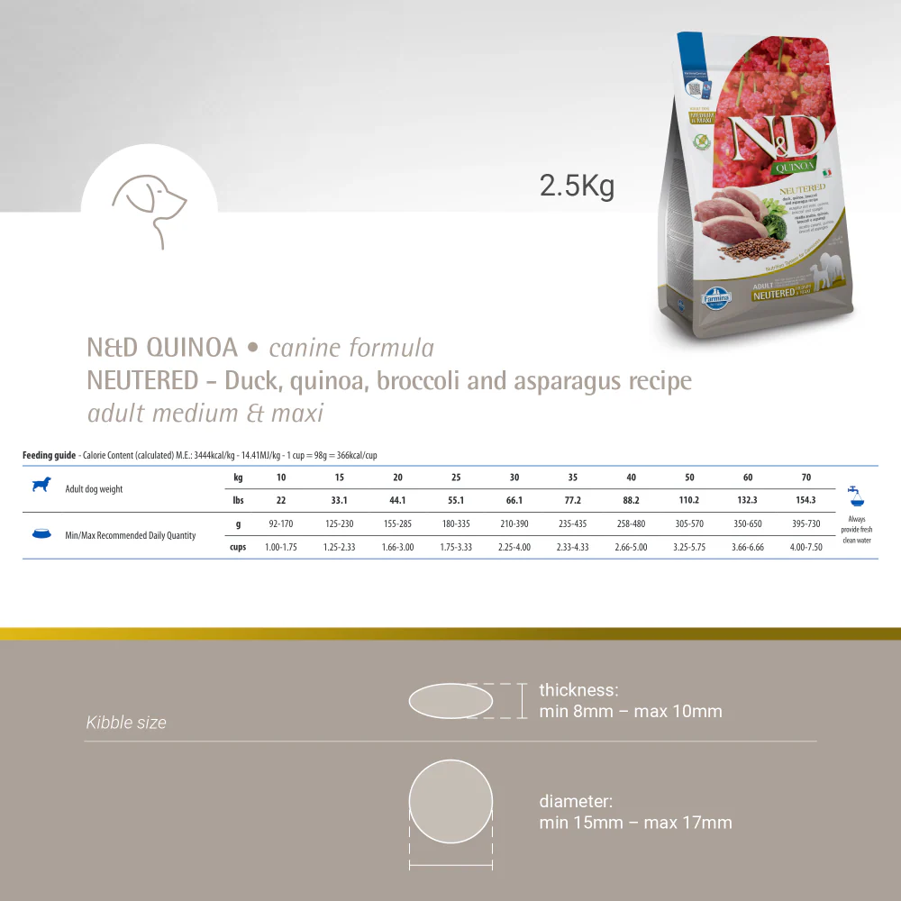 Farmina N&D Neutered Quinoa Duck, Broccoli & Asparagus Adult Medium Maxi Dog Dry Food - Image 6