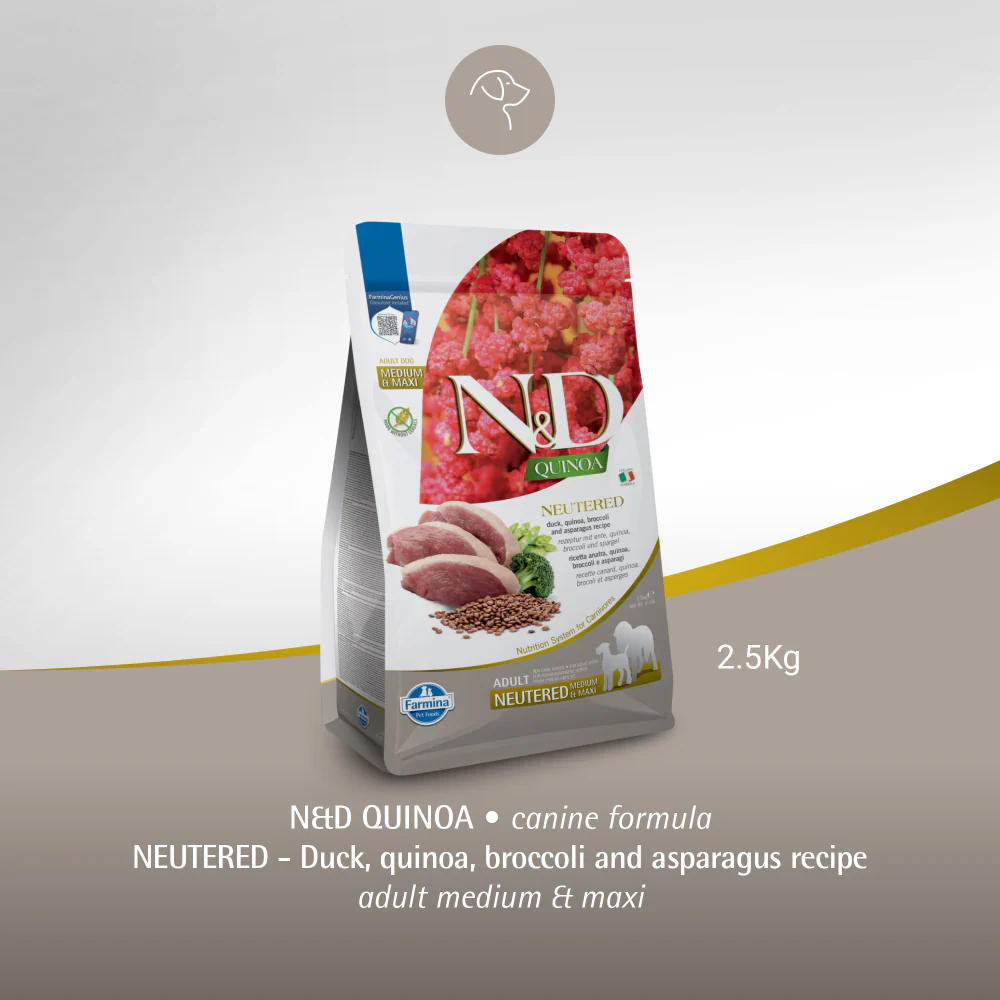 Farmina N&D Neutered Quinoa Duck, Broccoli & Asparagus Adult Medium Maxi Dog Dry Food - Image 7