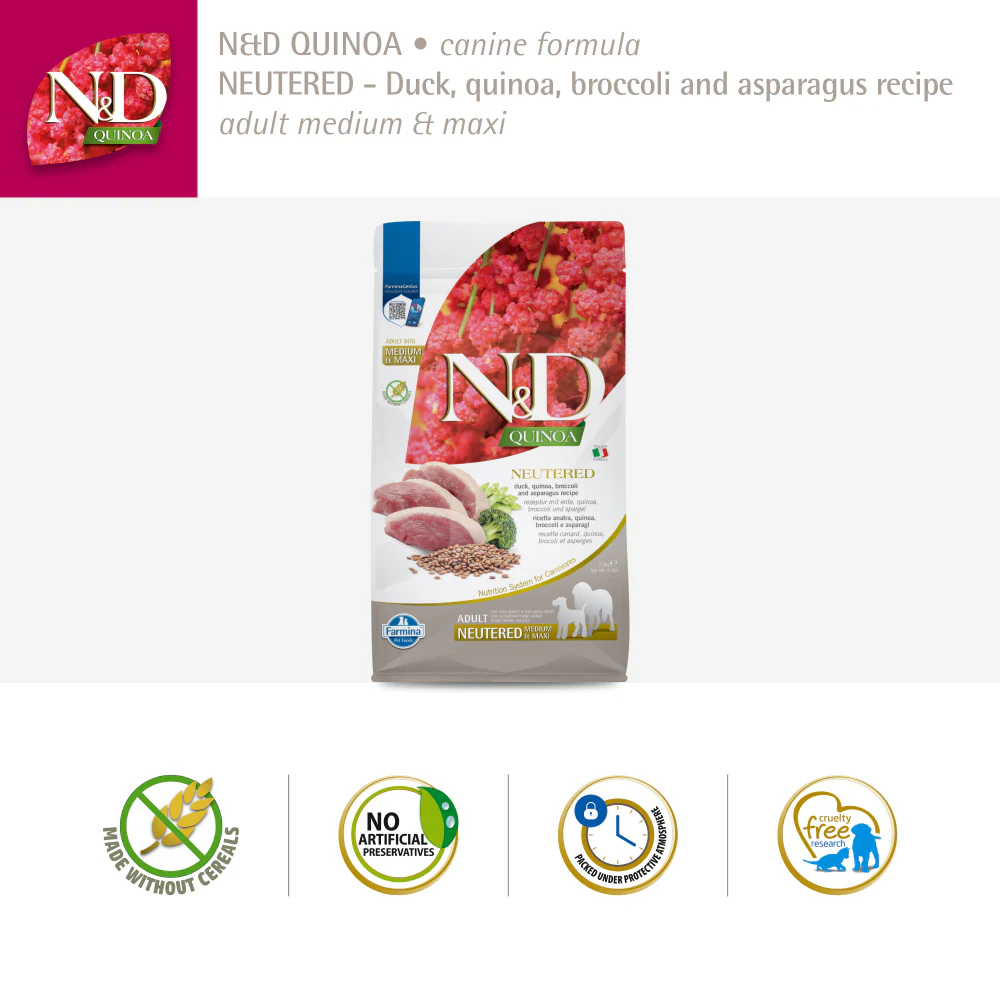 Farmina N&D Neutered Quinoa Duck, Broccoli & Asparagus Adult Medium Maxi Dog Dry Food - Image 9