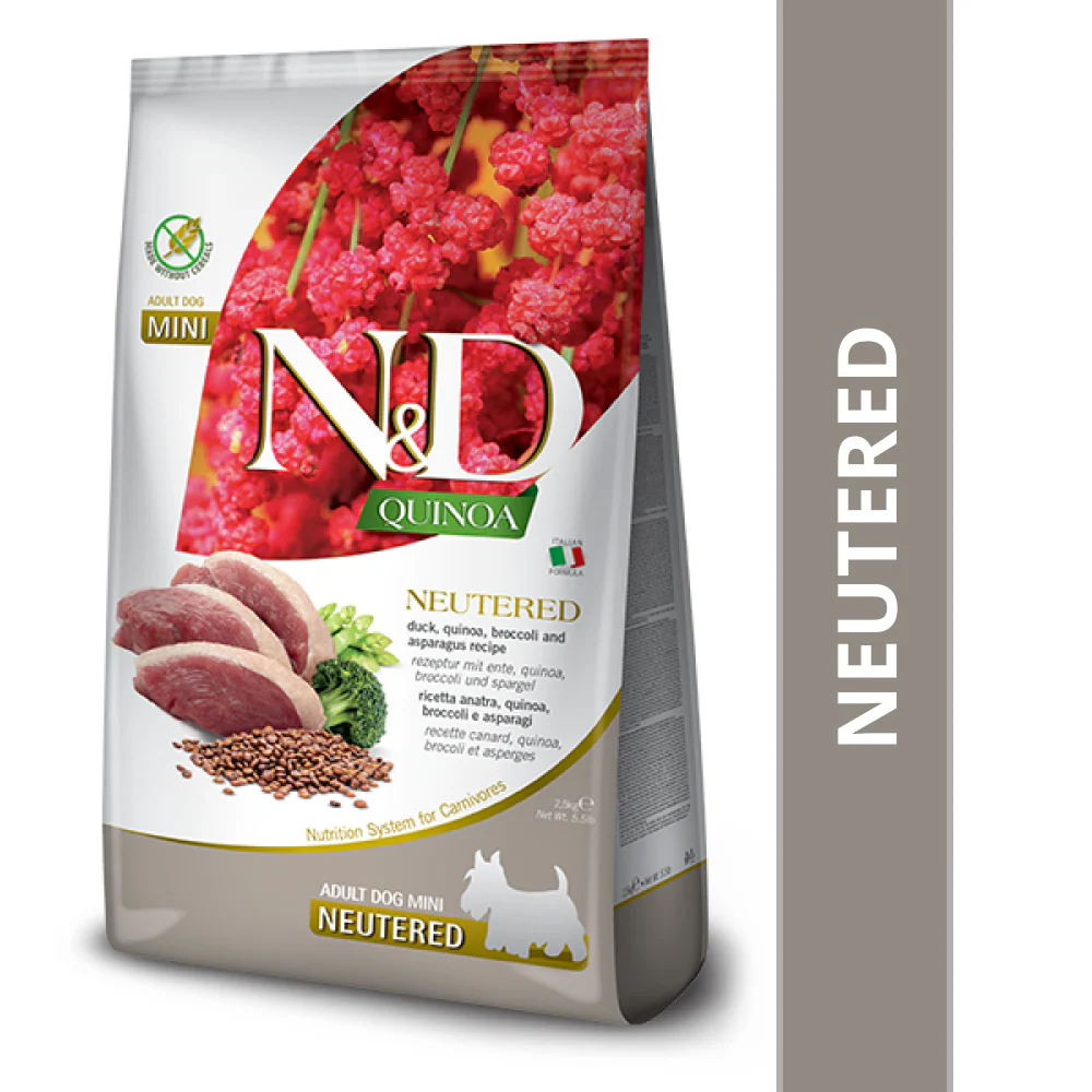 Farmina N&D Neutered Quinoa Duck, Broccoli & Asparagus Adult Mini Dog Dry Food - Image 2