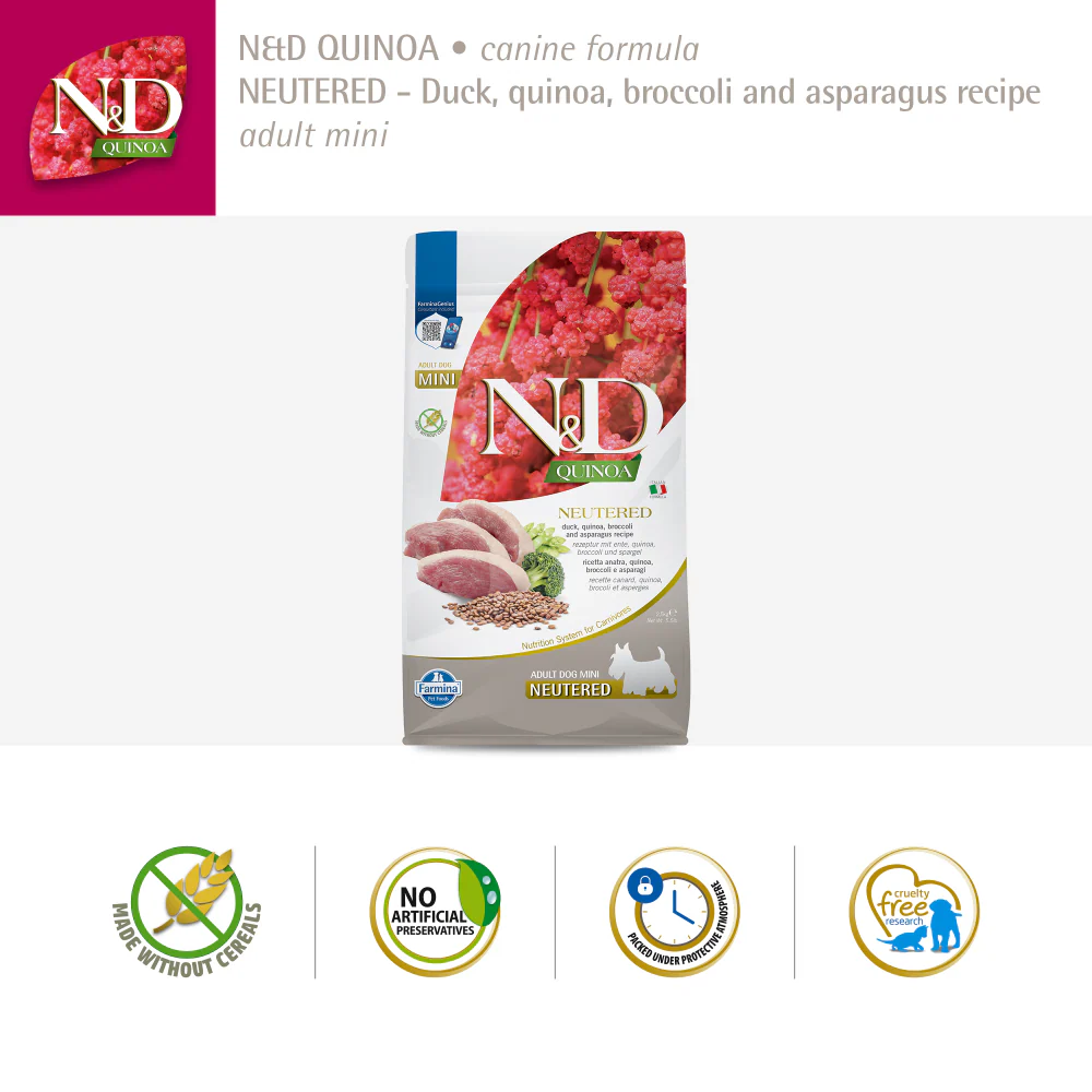 Farmina N&D Neutered Quinoa Duck, Broccoli & Asparagus Adult Mini Dog Dry Food - Image 4