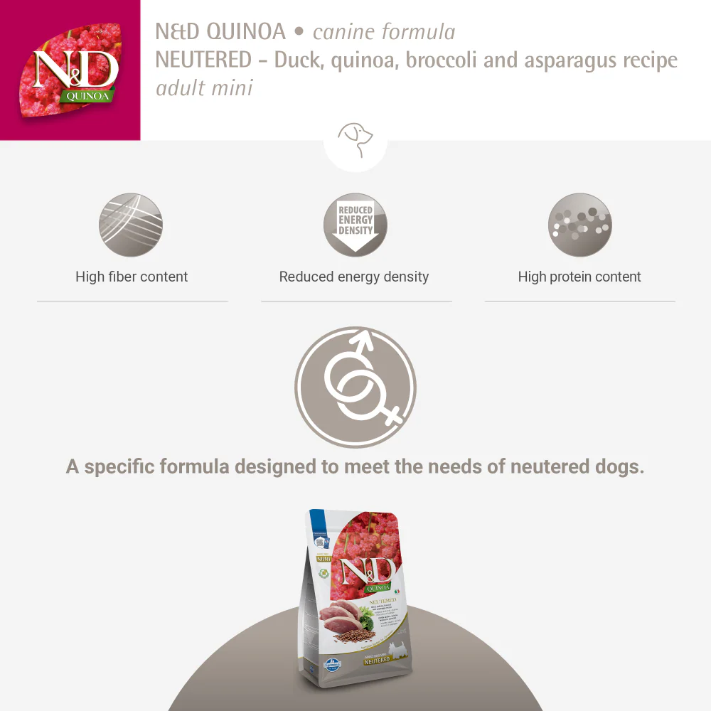 Farmina N&D Neutered Quinoa Duck, Broccoli & Asparagus Adult Mini Dog Dry Food - Image 5
