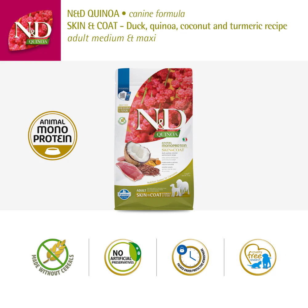 Farmina N&D Quinoa Duck Coconut & Turmeric Skin & Coat Grain Free Adult Medium & Maxi Dog Dry Food - Image 2