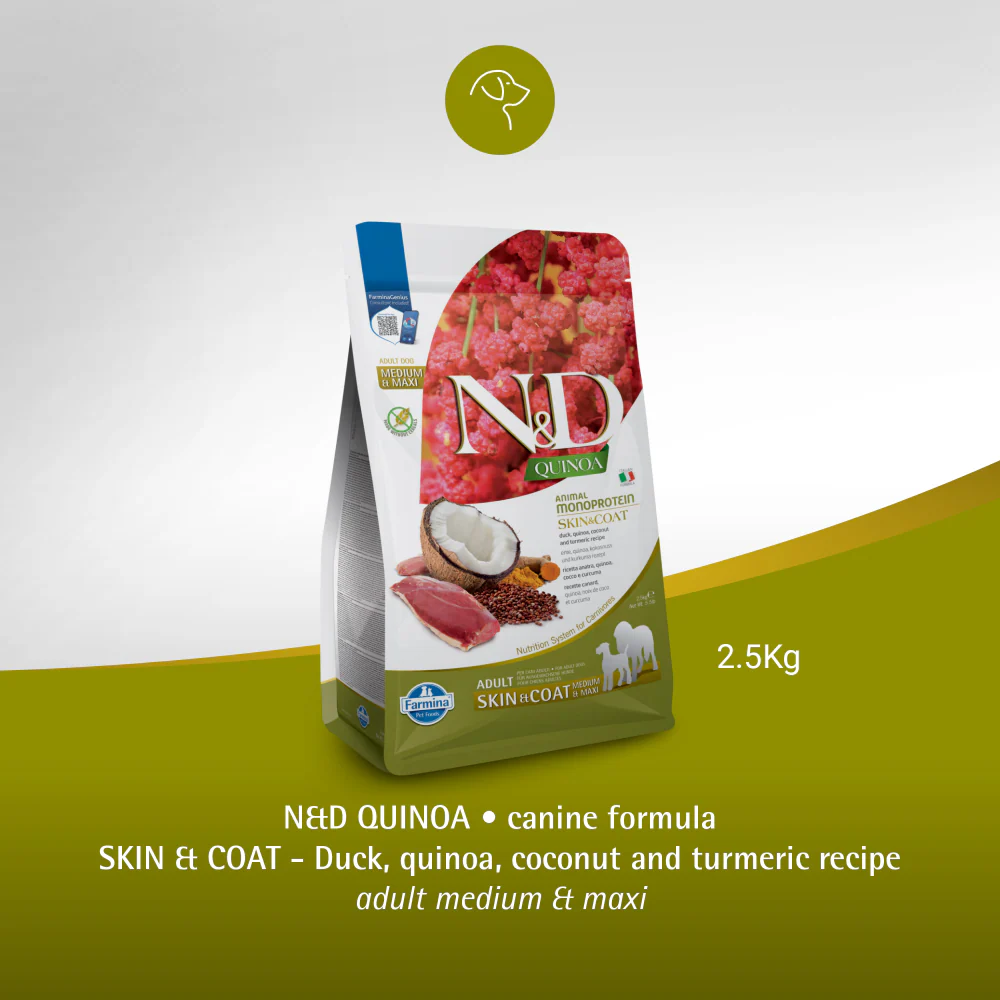 Farmina N&D Quinoa Duck Coconut & Turmeric Skin & Coat Grain Free Adult Medium & Maxi Dog Dry Food - Image 6