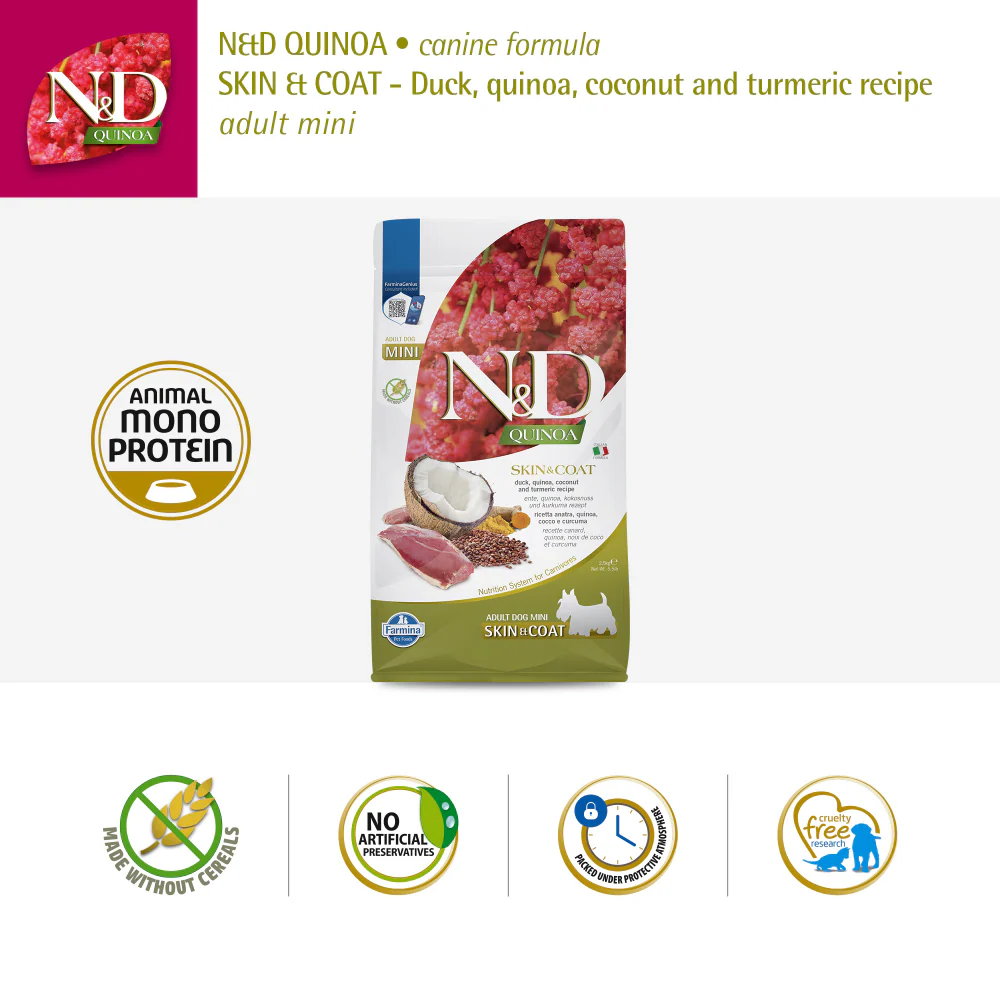 Farmina N&D Quinoa Duck Coconut & Turmeric Skin & Coat Grain Free Mini Adult Dog Dry Food - Image 7