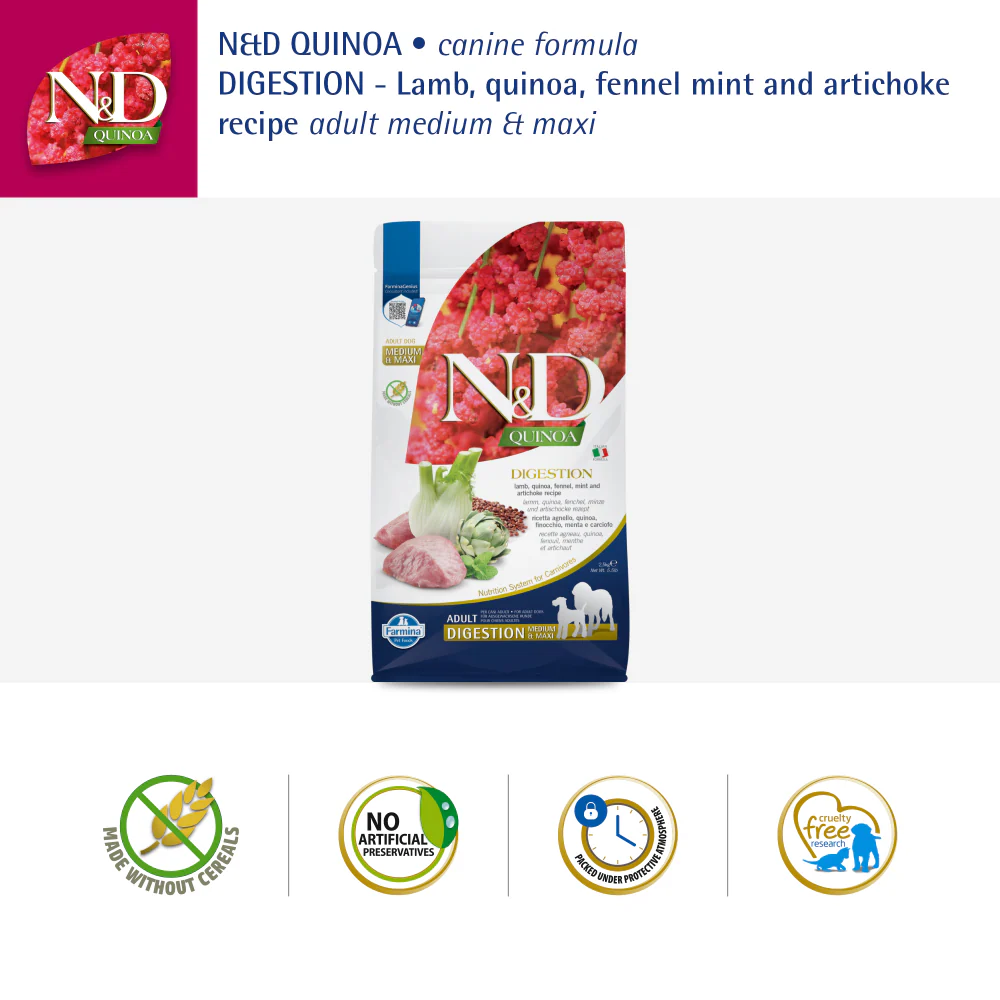 Farmina N&D Quinoa Lamb Mint & Fennel Digestion Grain Free Adult Medium Maxi Dry Dog Food - Image 6
