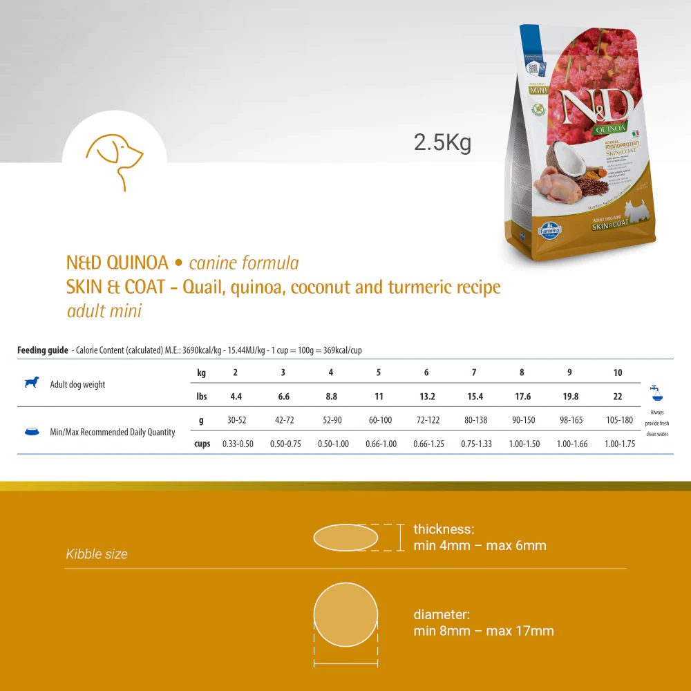 Farmina N&D Quinoa Quail Coconut & Turmeric Skin & Coat Adult Mini Dog Dry Food - Image 3