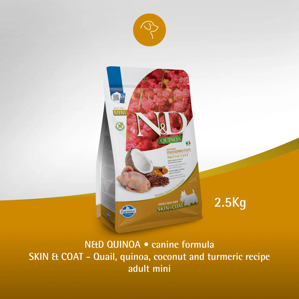 Farmina N&D Quinoa Quail Coconut & Turmeric Skin & Coat Adult Mini Dog Dry Food - Image 4