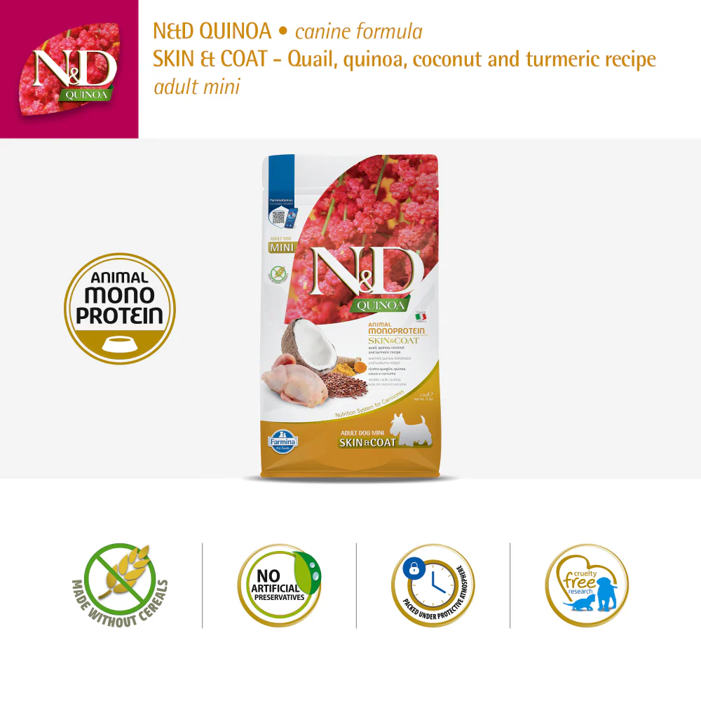 Farmina N&D Quinoa Quail Coconut & Turmeric Skin & Coat Adult Mini Dog Dry Food - Image 5