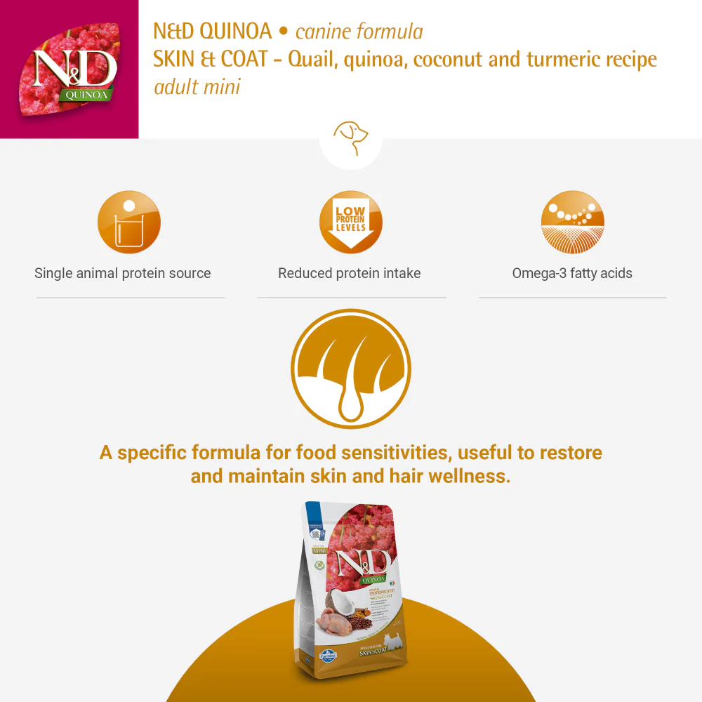 Farmina N&D Quinoa Quail Coconut & Turmeric Skin & Coat Adult Mini Dog Dry Food - Image 6