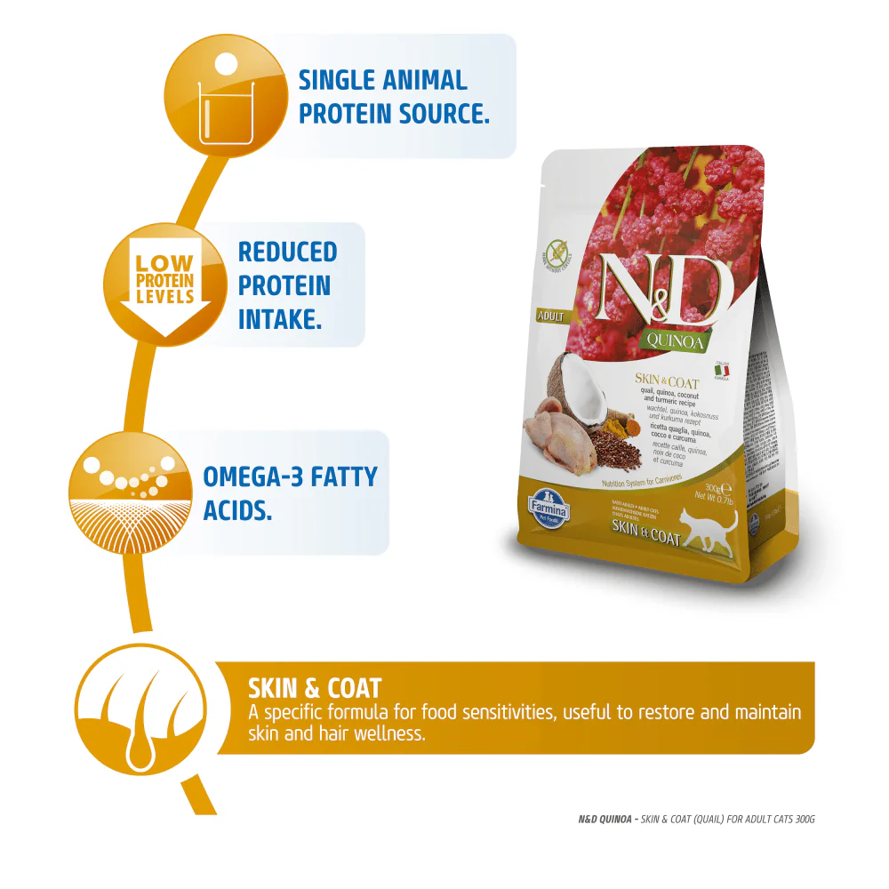 Farmina N&D Quinoa Quail Coconut & Turmeric Skin & Coat Grain Free Adult Cat Dry Food - Image 3
