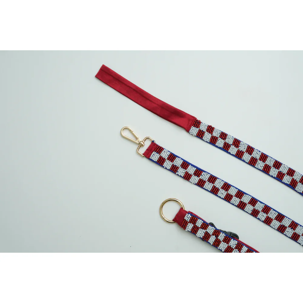 Floof & Co Checkered Leash & Collar (Maroon & White) - Image 2