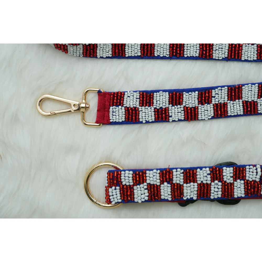 Floof & Co Checkered Leash & Collar (Maroon & White) - Image 3