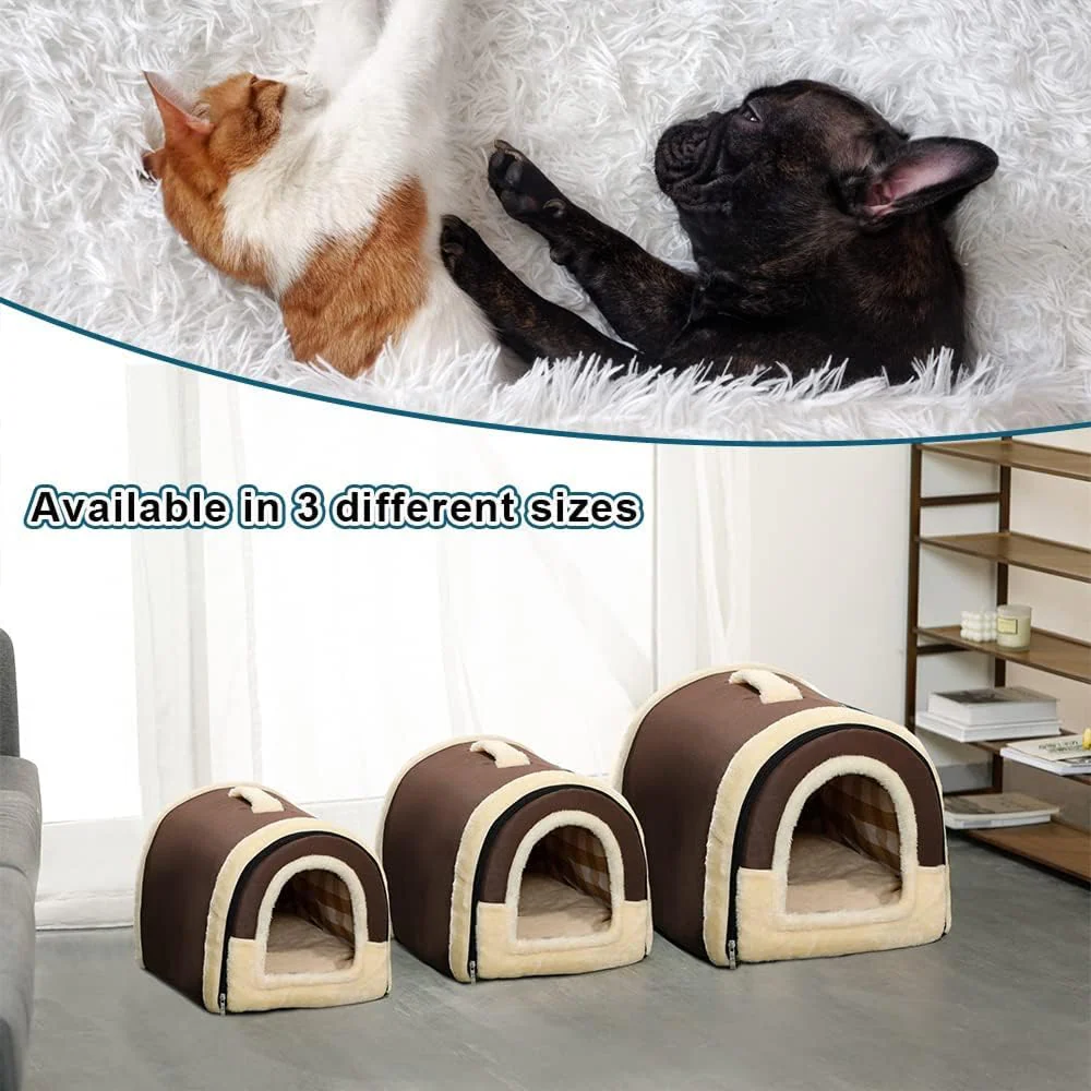 Fluffy's Pawsome Igloo 2 in 1 Foldable Ultra Soft Pet House Bed for Dogs and Cats (Brown) - Image 3