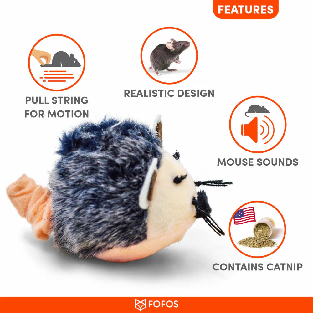 Barkbutler x Fofos Pull String & Sound Chip Mouse Shaped Electronic Toy for Cats (Grey) - Image 2