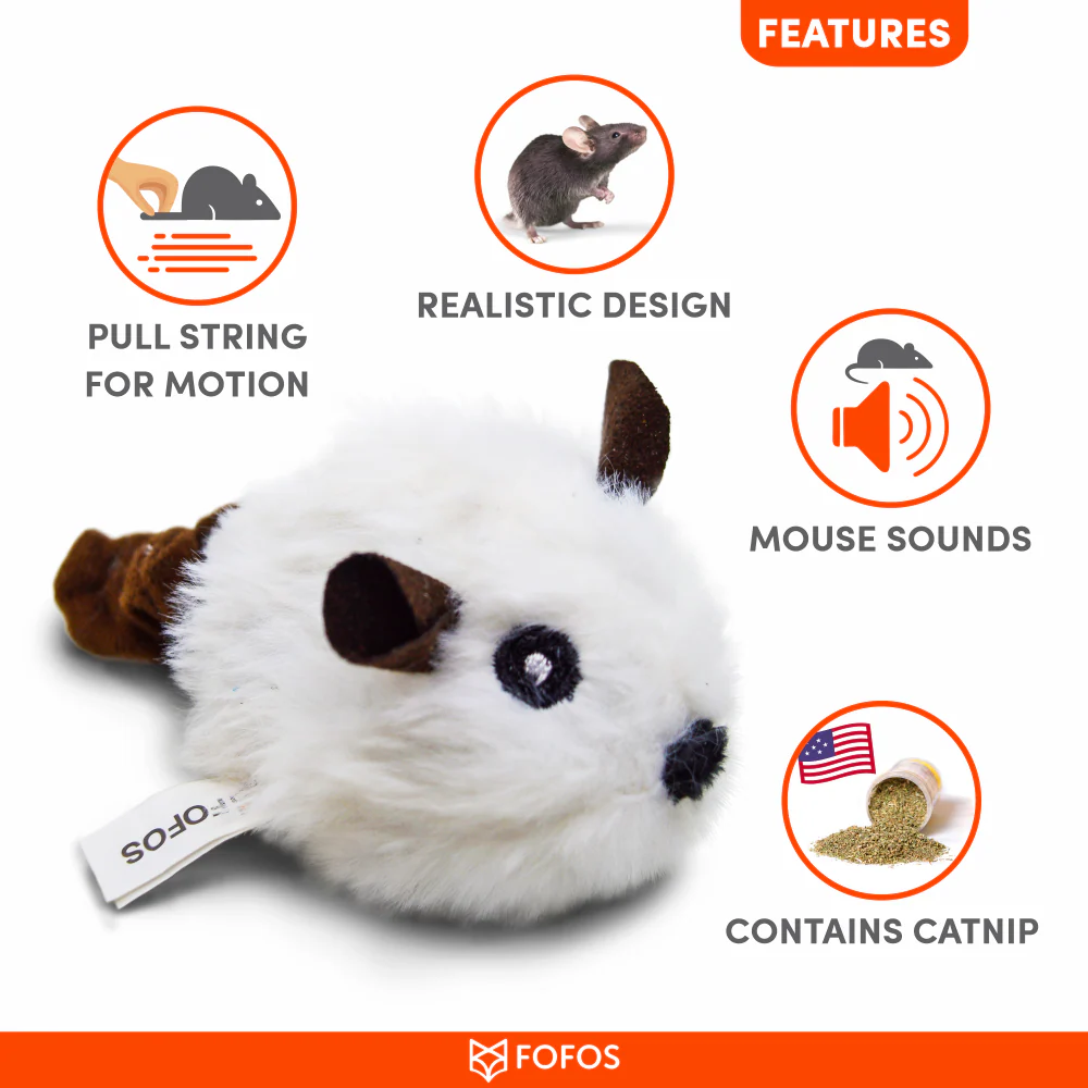 Barkbutler x Fofos Pull String & Sound Chip Mouse Shaped Electronic Toy for Cats (White) - Image 2