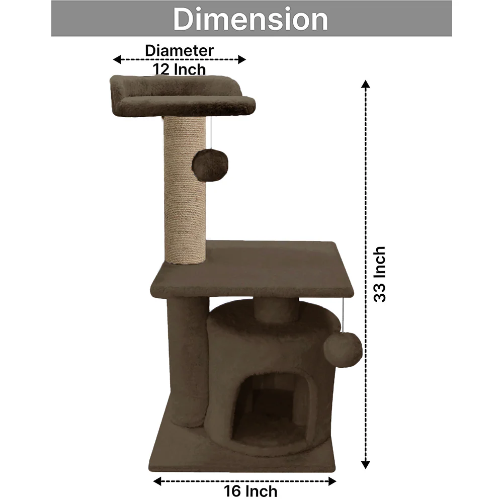 Furrlovers 2 Floor Soft Fur Scratching Post & Cat Tree with Natural Sisal Rope (Brown) - Image 3