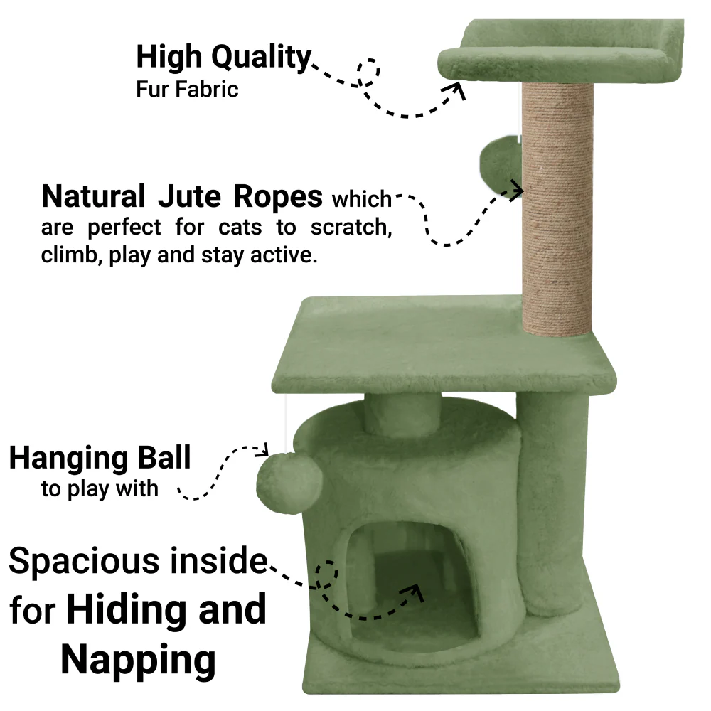 Furrlovers 2 Floor Soft Fur Scratching Post & Cat Tree with Natural Sisal Rope (Green) - Image 4